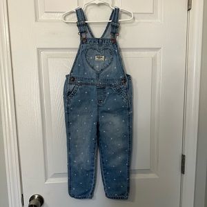 OshKosh B’gosh 4T Light Denim Overalls. Small pink heart print & heart pocket.